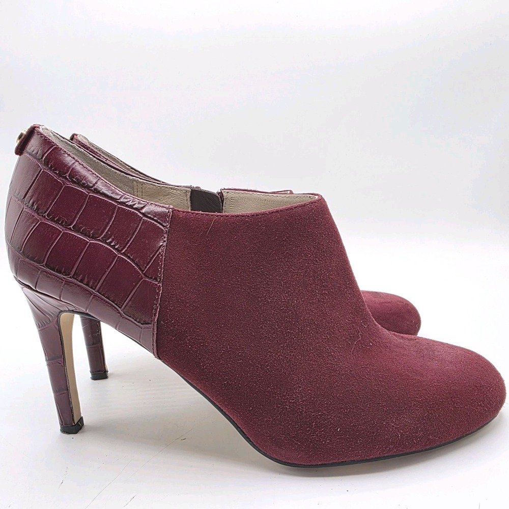 Michael Kors Sammy Heels 11 Booties Merlot Suede Croc Leather Gold Y2K Mob Wife